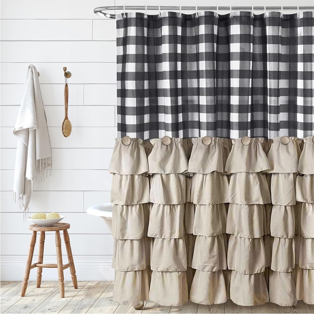 Amazon Black and Tan Plaid Ruffle Shower Curtain